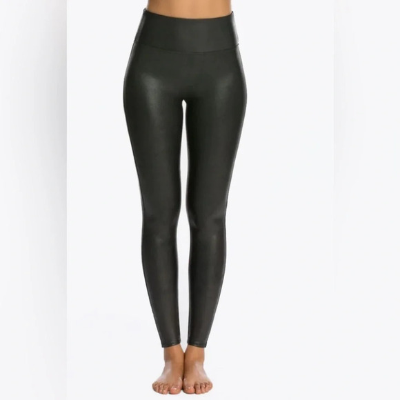 SPANX FAUX LEATHER LEGGINGS Black Ankle Length Size Large Power Waistband - Picture 3 of 10